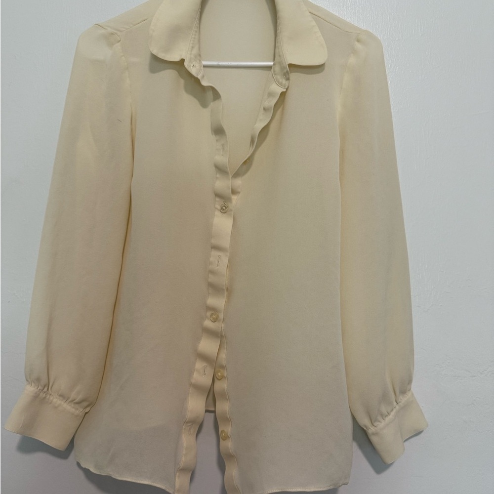 TORY BURCH Cream Silk Button Up Top Mandarin Collar TT Buttons Long Sleeve Sz 8